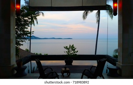 beach table at sunset