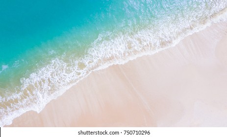 Beach Top View Or Aerial View With Shade Emerald Blue Water And Wave Foam,soft Focus