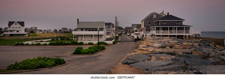 Beach Town Street Landscape In Scituate, Massachusetts. Historic Landmark Scituate Lighthouse Neighbors. 