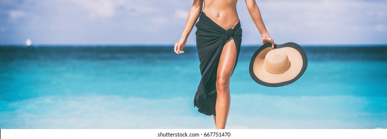 Beach travel woman banner. Skin care leg laser epilation hair removal sexy legs woman. Luxury travel lower body panorama copy space crop.