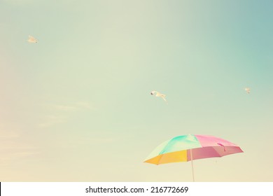 Beach Umbrella With Seagulls. Instagram Effect