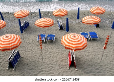 Beach Umbrellas In Monterosso, Italy.