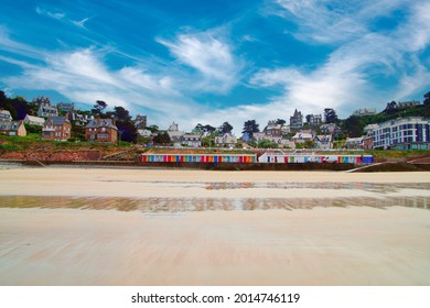 Beach With View To The Colored Cabins At North Sea In Brittany Near Perros-Guirec And Ploumanach, France, Beach Of Plage De Trestraou