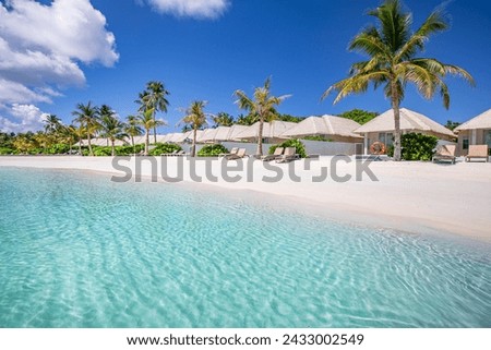 Beach villas in Maldives, luxury summer travel and vacation background. Amazing blue sea and palm trees under blue sky. Tropical landscape and exotic beach. Summer holiday or honeymoon destination
