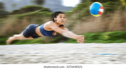 Beach volleyball, diving or sports girl playing a game in training or fitness workout in summer. Air jump, blurry dive action or active woman on sand in a fun competitive match in Sao Paulo, Brazil - Powered by Shutterstock