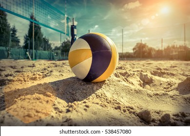 Beach Volleyball. Game ball under sunlight and blue sky. - Shutterstock ID 538457080