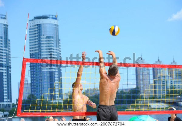 Beach Volleyball Male Volley Player Hitting Stock Photo 2007672704 ...