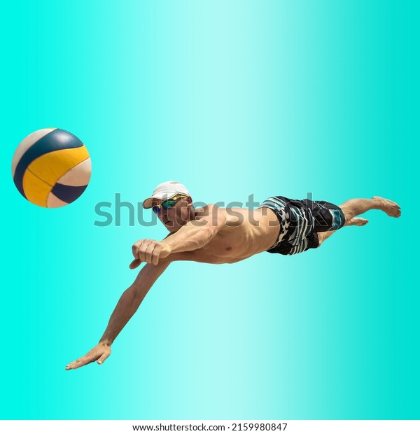 Beach volleyball player in\
action, professional athletes on gradient multicolored neon\
background.