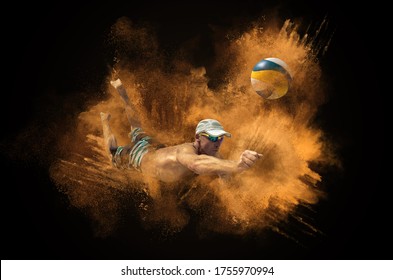 Beach volleyball player in dynamic action around splash drops of sand. Sport, abstract concept.