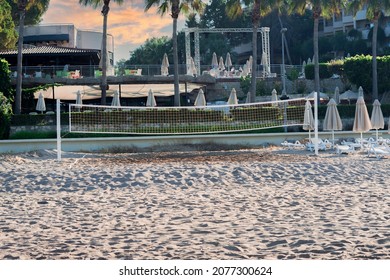 Beach Volleyball Playground On The Beach. No People. Cloudy Sky. Selective Focus