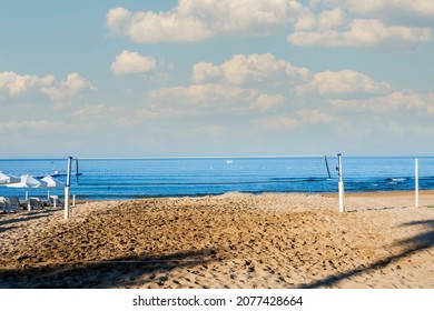 Beach Volleyball Playground On The Beach. No People. Cloudy Sky. Selective Focus