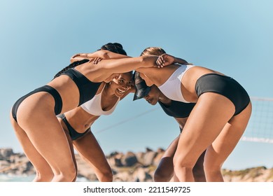 Beach Volleyball, Sports And Women Team Huddle, Support Or Collaboration. Communication, Workout And Fitness Athletes Gathering For Strategy, Motivation Or Teamwork Spirit Together Outdoors In Nature