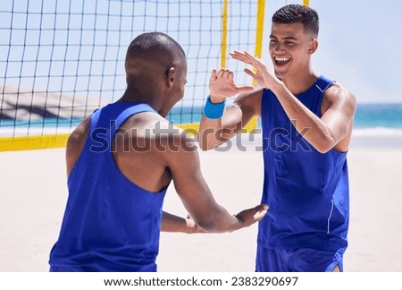 Beach, volleyball and team in winning celebration of sports action, fun and summer competition at sea. Energy, ocean games and volley challenge with excited, happy men with goal motivation in nature.
