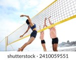 Beach volleyball, woman jump and sport in summer sunshine with friends, team and fitness in low angle. Sports, young women and hands in air, stretching and jumping for exercise, workout and ocean