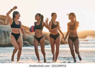 Beach volleyball, women and high five success team by Brazilian ocean, Rio de Janeiro nature sea in summer sunset. Winner sports friends, happy and support in bikini fitness workout or sand exercise - Powered by Shutterstock