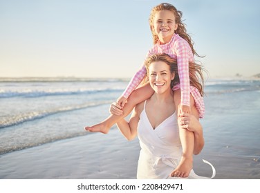 Beach Walk, Child Smile And Mother Carrying Kid On Holiday By Sea In Australia During Summer Family Travel. Portrait Of Girl And Mom Playing With Piggyback On Vacation In Nature To Relax With Mockup