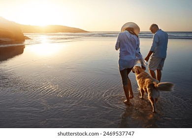 Beach, walk and couple with dog at sunset for outdoor adventure, travel and holiday together. Peace, man and woman with furry pet by ocean water for support, love and summer vacation in California - Powered by Shutterstock