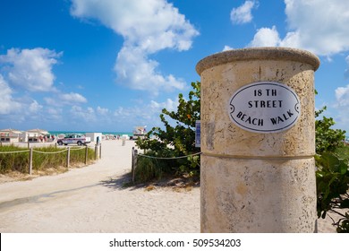 Beach Walk Sign To Public Beach Access On Famous South Beach, Miami, Florida