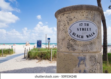 Beach Walk Sign To Public Beach Access On Famous South Beach, Miami, Florida