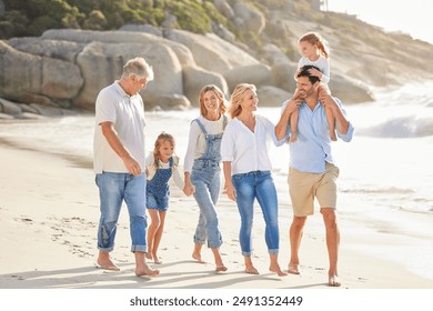 Beach, walking and children with parents and grandparents on summer vacation, adventure or holiday. Holding hands, love and family with generations by ocean for tropical weekend trip in Australia. - Powered by Shutterstock