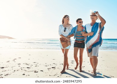 Beach, walking and grandmother, mom and girl by sea for bonding, weekend and relax in nature. Family, travel and happy grandparent, mother and child by ocean for holiday, vacation and adventure - Powered by Shutterstock