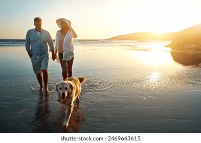 Beach, water and couple with dog at sunset for outdoor adventure, travel and vacation together. Man, woman and holding hands with furry pet by ocean for love, support and summer holiday in Cancun - Powered by Shutterstock