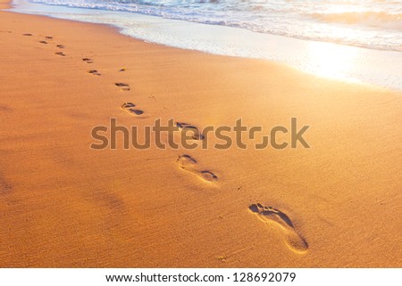 beach, wave and footsteps at sunset time