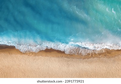 Beach and waves from top view. Aerial view of luxury resting at sunny day. Summer seascape from air. Top view from drone. Travel concept and idea - Shutterstock ID 2391773921