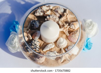 Beach Wedding Decor Table Diy Made Of Seashells, Sand And Candles, For The Wedding Ceremony Or Vow Renewal