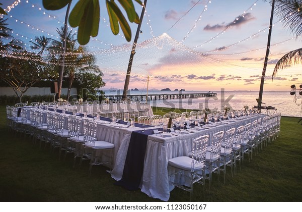 Beach Wedding Reception Dinner Venue Arrangement Stock Photo Edit