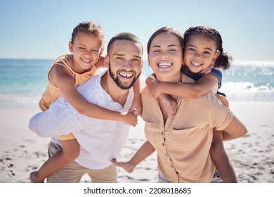 Beach, young and happy family with kids walking along in Hawaii. Portrait mother and father carrying their cute children while bonding together outdoor on summer travel vacation with love and care