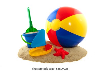 Beachball With Sand And Bucket For The Beach