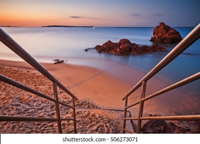 Beaches Of The French Riviera: Staircase Descending On The Beach At Sunrise - Cannes
