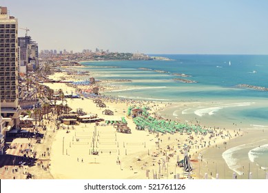 Beaches of Tel-Aviv. Old quay view (Mediterranean sea. Israel). Toned colors vintage style photo
