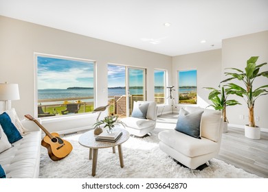 Beachfront Condo Living Room With Big Windows Ocean View White Decor