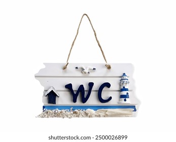 Beach-Themed WC Sign features a hanging wooden plaque with the letters "WC," decorated with a seagull, lighthouse, and seaside elements. - Powered by Shutterstock