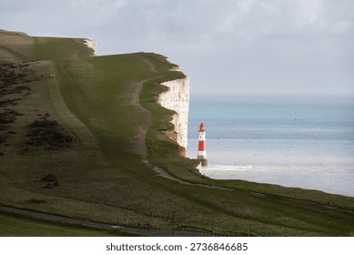 Beachy Head lighthouse , view of the cliffs and the English Channel, East Sussex, Engalnd