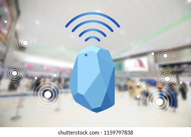 Beacon device home and office radar. Use for all situations. with network connect signal graphic and blur background at the airport 
