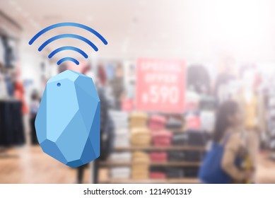 Beacon device home and office radar. Use for all situations. with network connect signal graphic and blur background at the shopping mall.