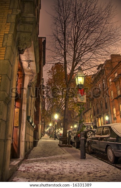 Beacon Hill First Snow - A\
street on Boston\'s historical Beacon Hill after the year\'s first\
snowfall.