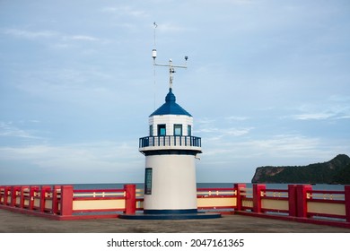 Beacon Lighthouse And Station Measurement Determination Sea Level On Saphan Saranwithi Bridge With Island Sea Ocean For Thai People Travel Visit At Prachuap Bay Beach In Prachuap Khiri Khan, Thailand