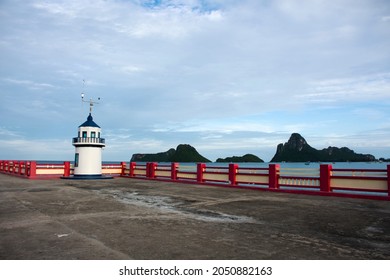 Beacon Lighthouse And Station Measurement Determination Sea Level On Saphan Saranwithi Bridge With Island Sea Ocean For Thai People Travel Visit At Prachuap Bay Beach In Prachuap Khiri Khan, Thailand