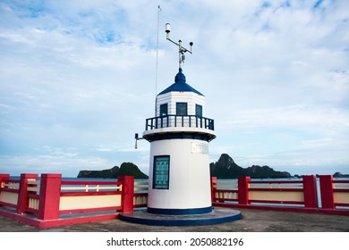 Beacon Lighthouse And Station Measurement Determination Sea Level On Saphan Saranwithi Bridge With Island Sea Ocean At Prachuap Bay Beach On September 6, 2021 In Prachuap Khiri Khan, Thailand