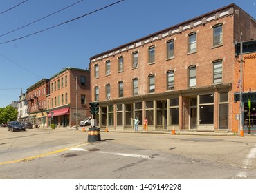 Beacon, NY / United States - May 27, 2019: Landscape View Of Beacon's Revitalized Main Street Near The Falls.