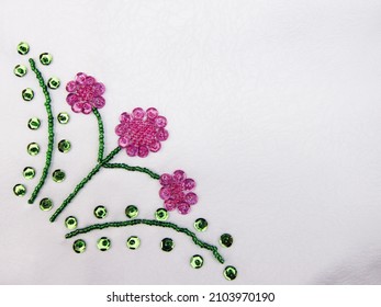             Bead Embroidery Flower On White Satin Fabric                   