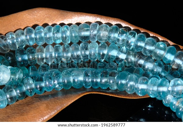 Beads of light blue apatite on\
the background of a dry magnolia leaf. Moon rocks collected by\
astronauts during the Apollo program contain traces of\
apatite.