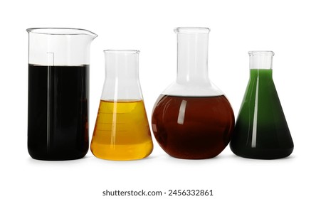 Beaker and flasks with different types of oil isolated on white