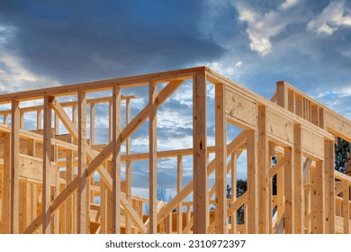 Beam stick home of layout joists was constructed with wooden framework - Shutterstock ID 2310972397