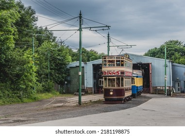 Beamish, County Durham, UK. 7.12.2022; Trams Leaving The Shed At Beamish Museum