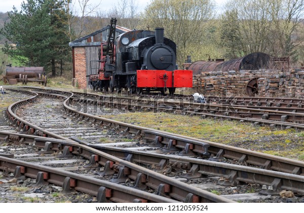 Beamish. England. 04.18.18. An old historic\
steam engine in the goods shunting yard at Beamish Open Air Museum\
in the northeast of\
England.